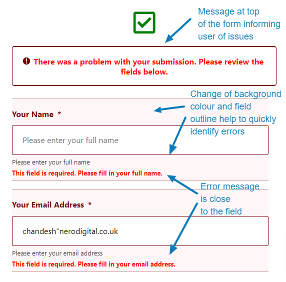 Form illustrating the messages when there are submission errors - a general notification message at the top of the form with contextual messages near each field