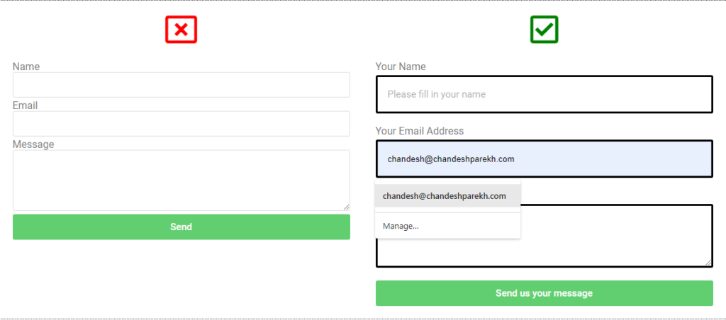 Two forms placed side by side - the left side form does not have field autofill, the form on the right does illustrating how much more user-friendly auto-fill makes forms.