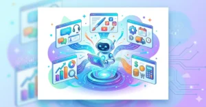 A friendly white robot sitting at the center, surrounded by floating digital windows displaying business tasks like data analytics, social media management, financial tracking, and logistics. The scene uses a bright, colorful palette to represent modern AI integration in small business operations.