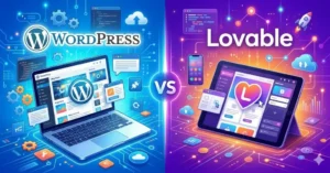 A bright, split-screen comparison graphic featuring WordPress on the left and Lovable on the right. The left side is themed in blue with a laptop showing a WordPress dashboard, gears, and digital circuits. The right side features a vibrant purple and pink gradient with a tablet displaying a heart-shaped "L" logo and a rocket icon. A "VS" symbol sits in the center, and the text for both platforms is positioned at the top of their respective sections against a high-tech background.