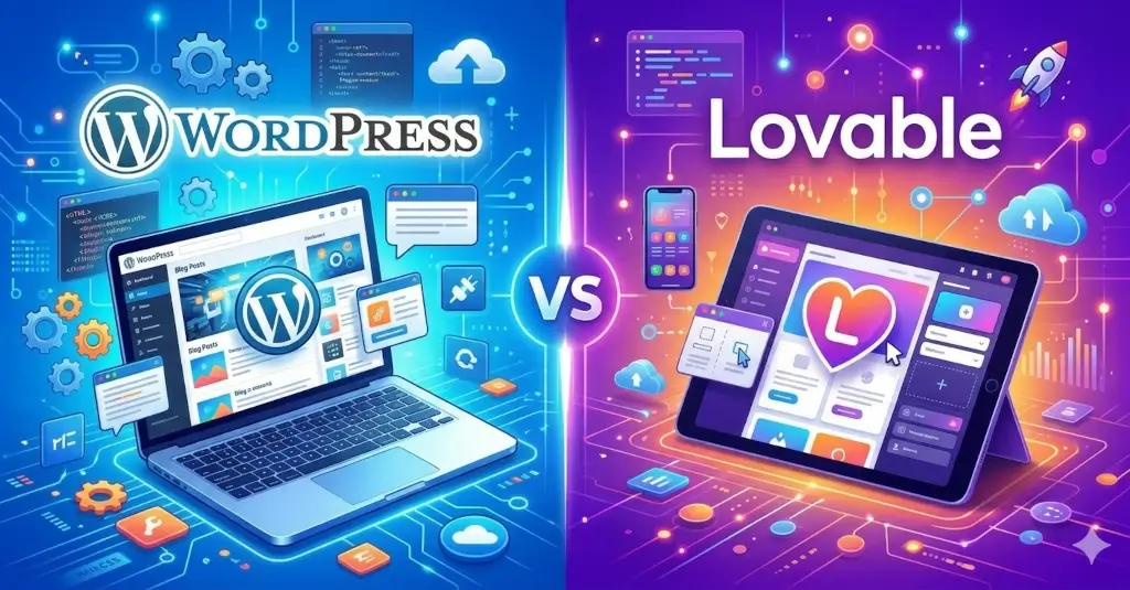A bright, split-screen comparison graphic featuring WordPress on the left and Lovable on the right. The left side is themed in blue with a laptop showing a WordPress dashboard, gears, and digital circuits. The right side features a vibrant purple and pink gradient with a tablet displaying a heart-shaped "L" logo and a rocket icon. A "VS" symbol sits in the center, and the text for both platforms is positioned at the top of their respective sections against a high-tech background.