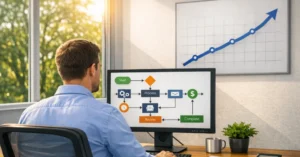 Bright office scene showing a person viewing a process automation workflow on a computer, with a rising performance chart on the wall.