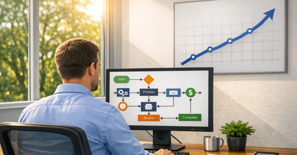 Bright office scene showing a person viewing a process automation workflow on a computer, with a rising performance chart on the wall.