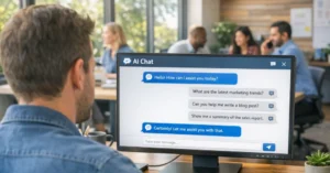 Person viewed from behind at a desk in a bright office, looking at a computer screen showing a full‑screen AI chat interface, with coworkers working in the background and sunlight coming through a window.