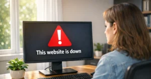 Person sitting at a desk in a bright office, viewing a computer screen that displays a warning icon and the text ‘This website is down.'