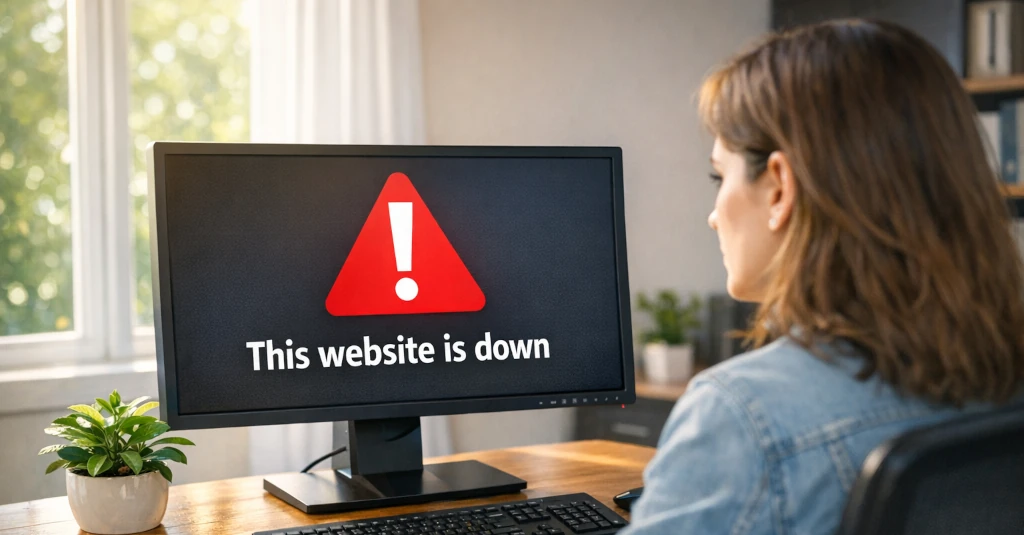 Person sitting at a desk in a bright office, viewing a computer screen that displays a warning icon and the text ‘This website is down.'
