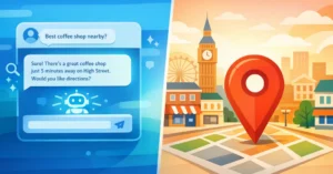 A split-screen illustration showing a glowing AI chat interface on the left responding to a business question, and a Google Maps pin on the right highlighting a local business in a UK city - representing the two forms of GEO strategy