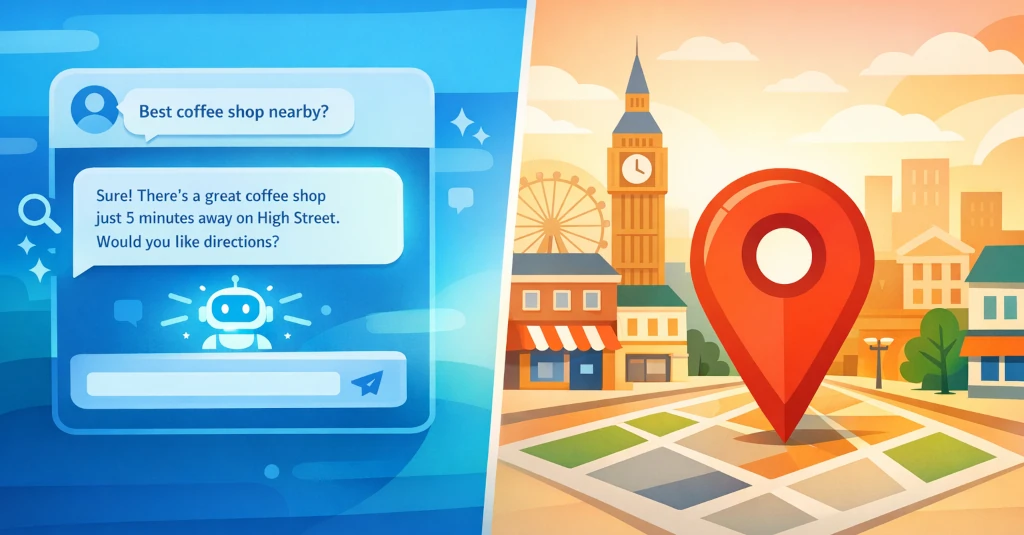 A split-screen illustration showing a glowing AI chat interface on the left responding to a business question, and a Google Maps pin on the right highlighting a local business in a UK city - representing the two forms of GEO strategy
