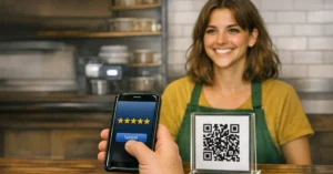**Alt text:** A close-up view of a hand holding a smartphone in front of a café-style counter. The phone screen displays a five‑star rating with a “Submit” button. On the wooden counter, a small stand shows a black-and-white QR code. Behind the counter, a smiling person wearing an apron stands in front of a tiled wall and shelves with kitchen items. The smartphone is positioned toward the QR code, suggesting the person is scanning it while leaving a review.