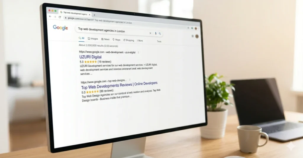 A photograph of a modern, minimal home office setup. The focus is a large desktop monitor displaying a Google search results page. The user's search query is clearly visible as "Top web development agencies in London". The screen shows two prominent results: UZURI Digital with a 5.0 star rating from 19 reviews, and Online Developers with a 5.0 star rating from 89 reviews. The monitor sits on a light wooden desk, with a potted succulent, a white coffee mug, and an open MacBook laptop nearby. The background is a brightly lit, airy room with windows, out of focus.