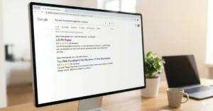 A photograph of a modern, minimal home office setup. The focus is a large desktop monitor displaying a Google search results page. The user's search query is clearly visible as "Top web development agencies in London". The screen shows two prominent results: UZURI Digital with a 5.0 star rating from 19 reviews, and Online Developers with a 5.0 star rating from 89 reviews. The monitor sits on a light wooden desk, with a potted succulent, a white coffee mug, and an open MacBook laptop nearby. The background is a brightly lit, airy room with windows, out of focus.